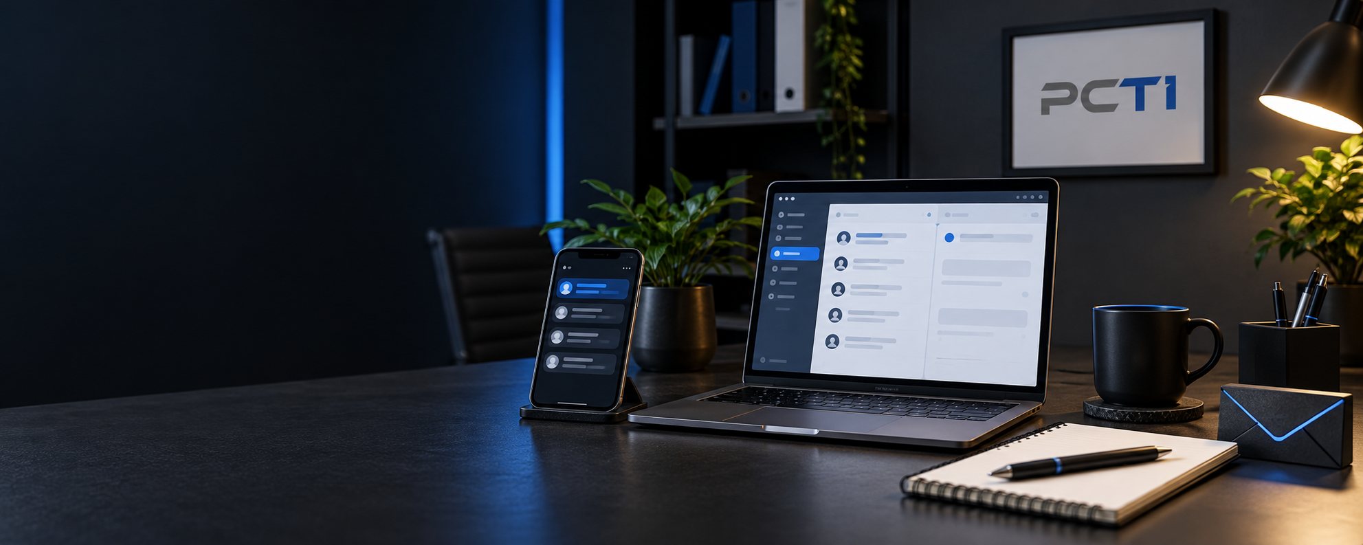 Espaço de atendimento digital PCTI com telemóvel, computador e mensagem